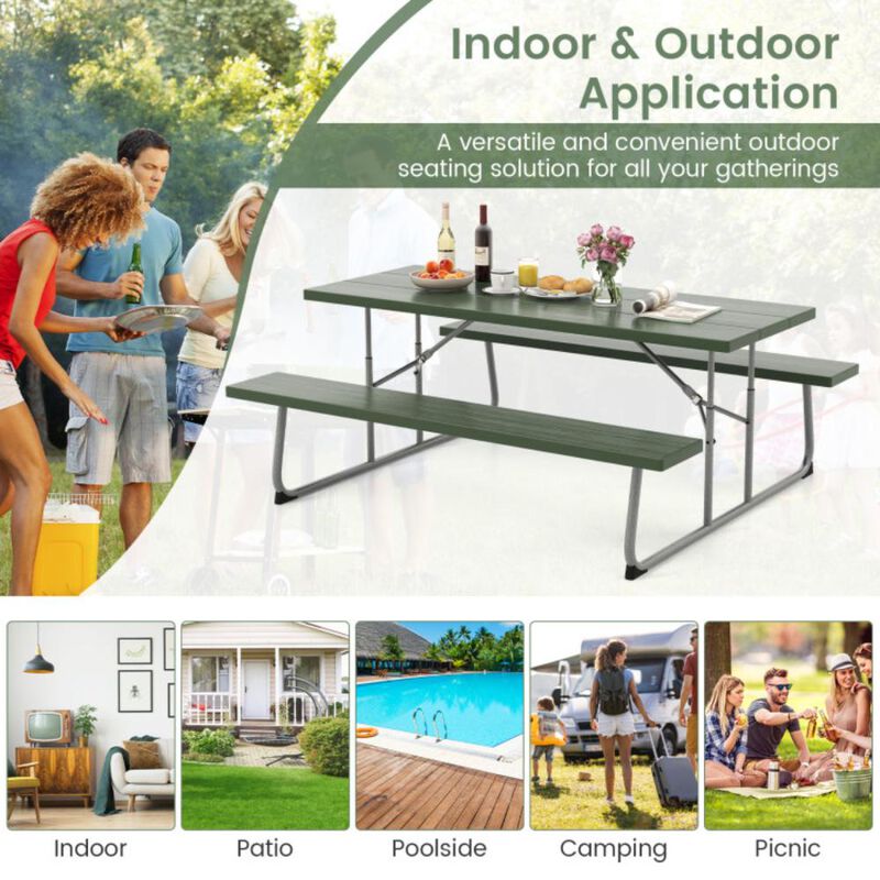 Hivvago Folding Picnic Table Set with Metal Frame and All-Weather HDPE Tabletop, Umbrella Hole