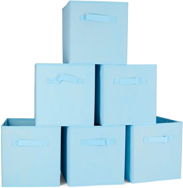 11-Inch Fabric Foldable Storage Cubes Organizer with Handles - Collapsible Bins - Convenient for Organizing Clothes or Kids Toy Cubby (6-Pack) - Sky Blue
