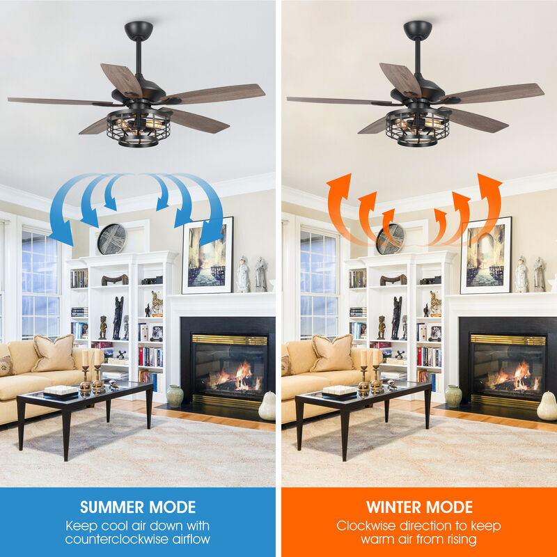 52" Industrial Wood 5-Blade 3-Light Metal Ceiling Fan with Remote