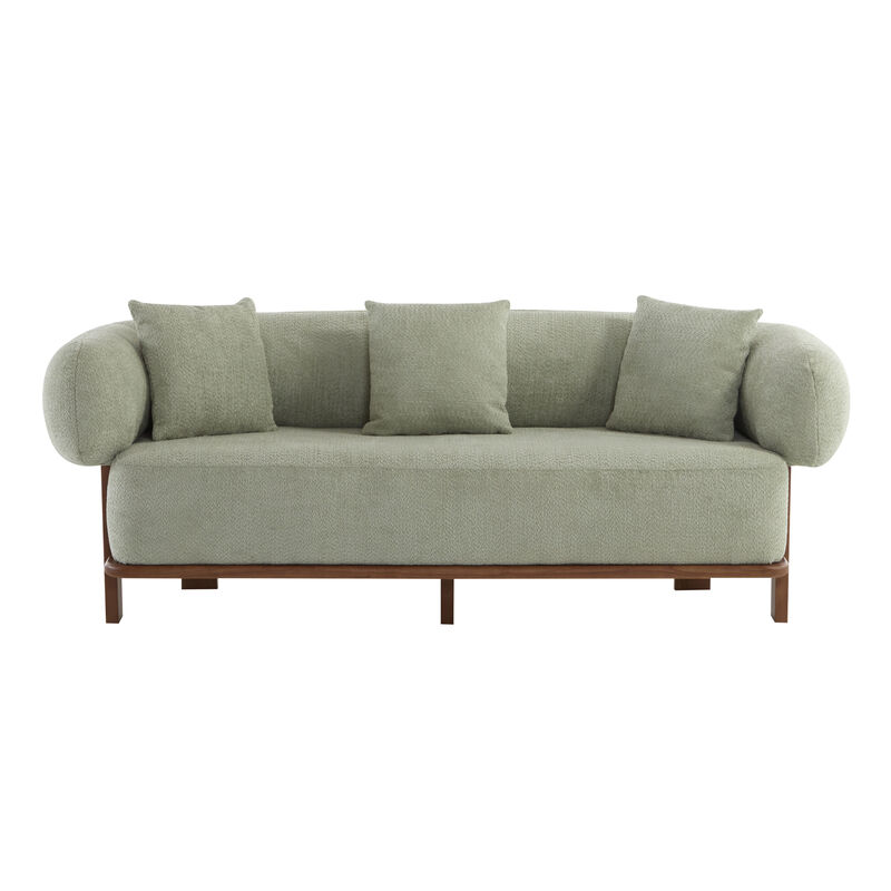 Christopher Knight Home Tadg 82" Rubberwood Boucle Upholstered 3 Seater Curved Sofa with 3 Pillows and Round Arm