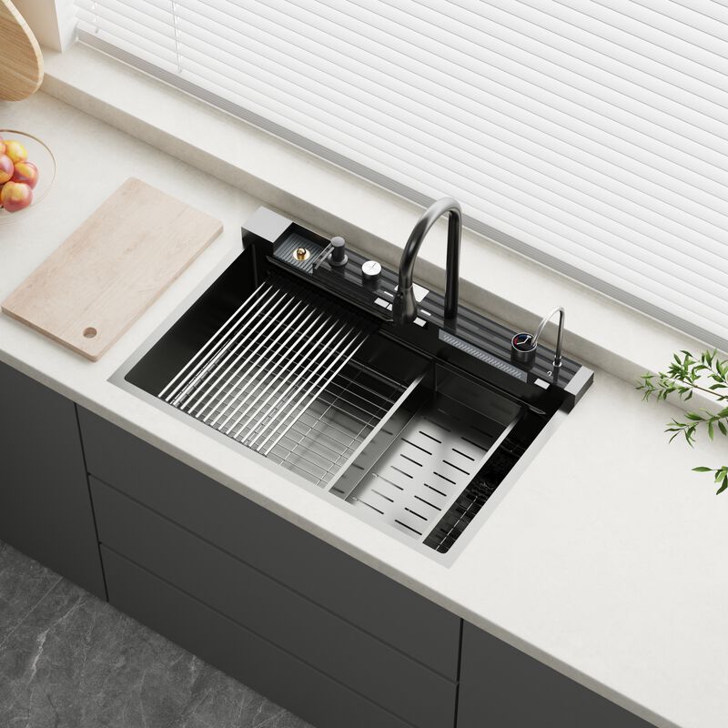 FUFU&GAGA PVD 304 Stainless Steel Kitchen Sink with Cutting Board, Drain Rack, and Smart Faucet,(33.1" W x 22" D x 24.6" H),Black