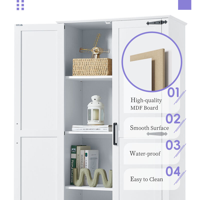 Whisen Tall White Bathroom Storage Cabinet with Black Handles, Double Doors, Drawer and Adjustable Shelf - White