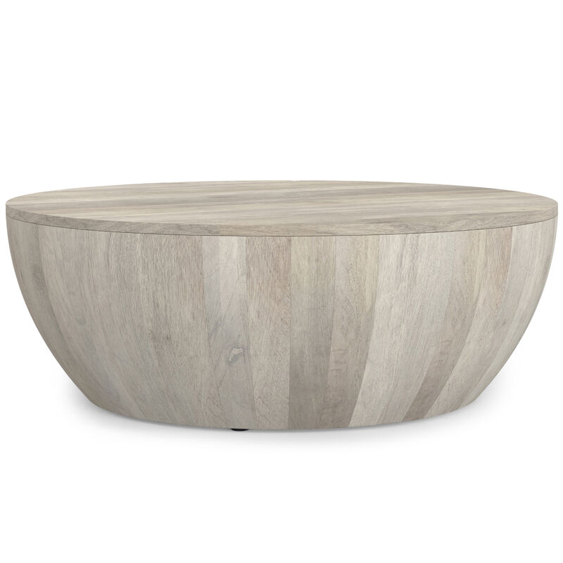 Elmbrook 34 inch Wide Solid Mango Modern Industrial Drum Coffee Table in White Wash, Assembled