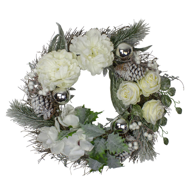 White and Silver Floral Flocked Pine Artificial Grapevine Christmas Wreath - 24-Inch  Unlit image number 1