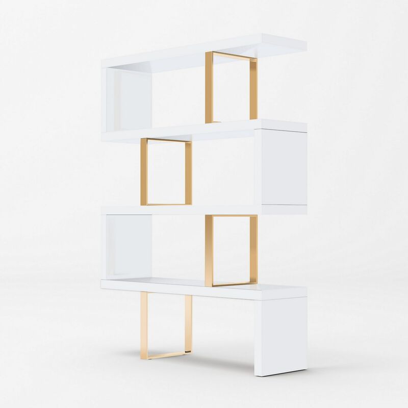 Benjara 67 Inch Bookcase, Vertical Freestanding Divider, 4 Shelves, White, Gold