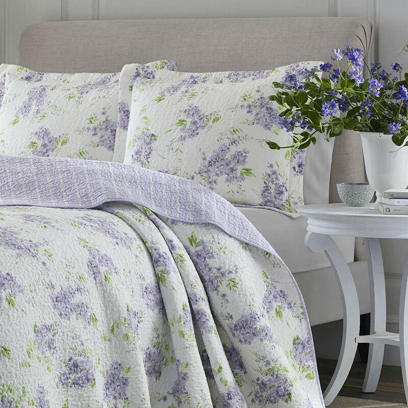 QuikFurn Full / Queen size 3-Piece Cotton Quilt Set with White Purple Floral Pattern image number 2