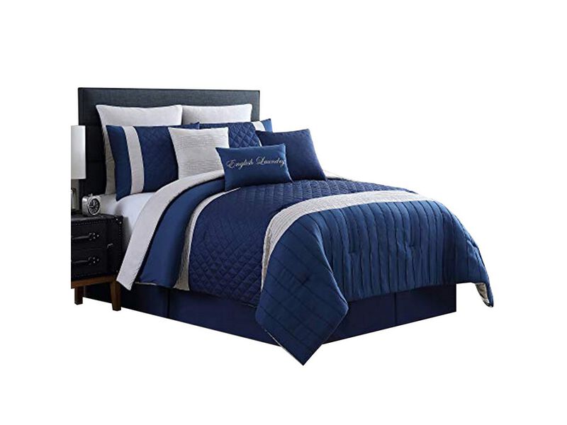 Basel Pleated Queen Comforter Set with Diamond Pattern The Urban Port, Blue and White - Benzara image number 1