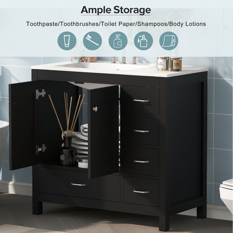 Merax Bathroom Vanity with Ceramic Sink  Freestanding Recessed  5 Drawers & 2 Soft-Close Doors Storage Cabinet Combo