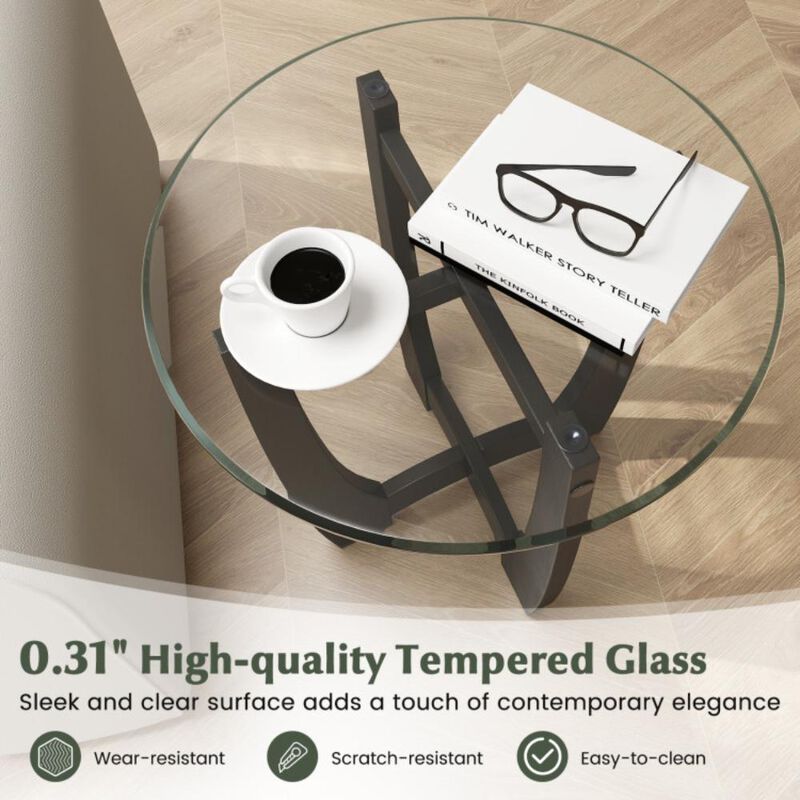 Hivvago 23.5 Inch Round End Side Table with Tempered Glass Tabletop