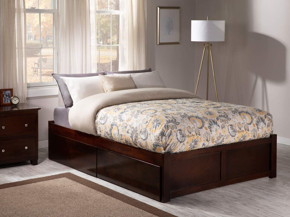 Atlantic FurnitureAFI Concord Queen Platform Bed with Flat Panel Footboard and Urban Bed Drawers in Walnut