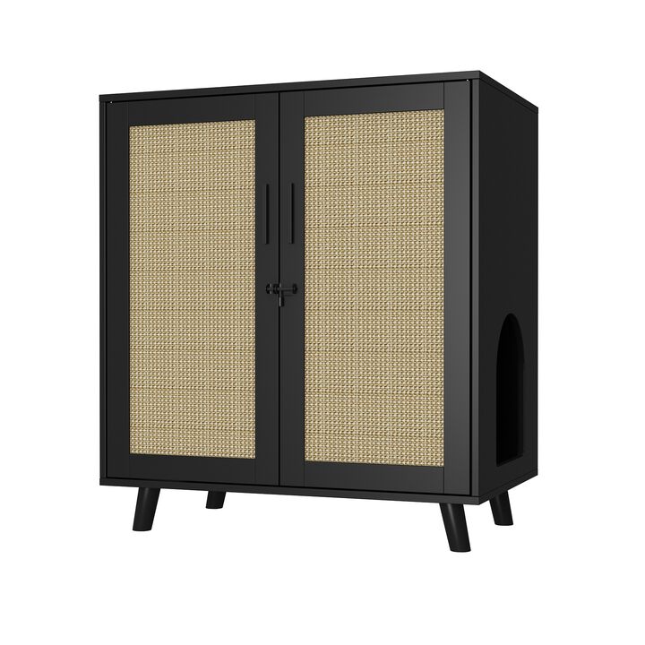 Modern Cat Litter Box Enclosure for Rooms, Black Hidden Litter Box Furniture Cat Washroom Storage with Lock Sisal Door
