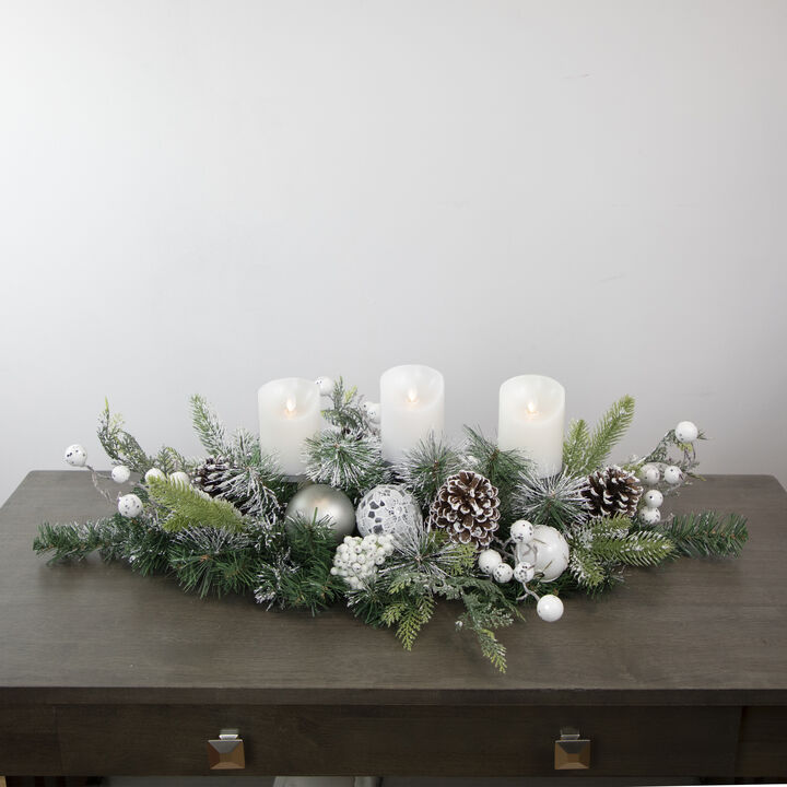 32" Green Frosted Pine Triple Candle Holder with Christmas Ornaments and Pinecones