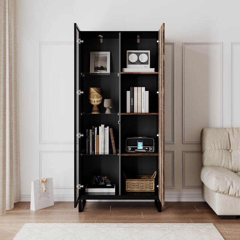 FUFU&GAGA Modern 2-Door Display Cabinet with Glass and Wood-Grain Front Metal Feet and Built-in Lighting 31.4"L x 16.1"W x 68.8"H Black