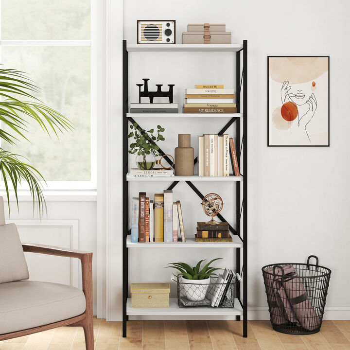 Modern 5-Tier Bookshelf Industrial Bookcase Metal Frame Storage