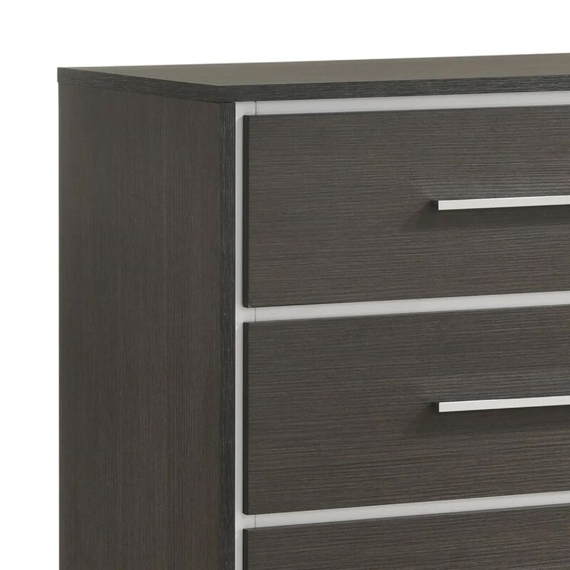 Hez Tall Dresser Chest, 5 Drawers, Silver Trim, Modern Dark Brown Finish