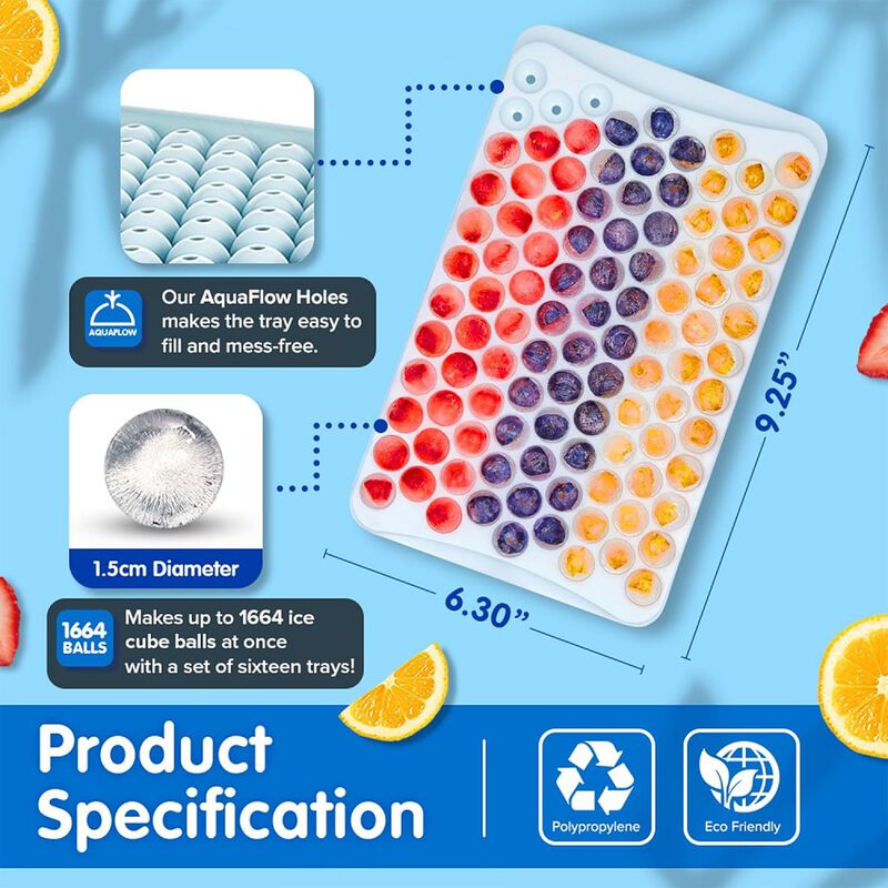 Round Ice Cube Tray with Lid and Bin &ndash; Creates 1664 Ice Balls (0.60 Inch Size), Stackable Ice Cube Trays, Easy-Release Ice Balls for Drinks and Cocktails, Pack of 4 (16 Trays), Blue