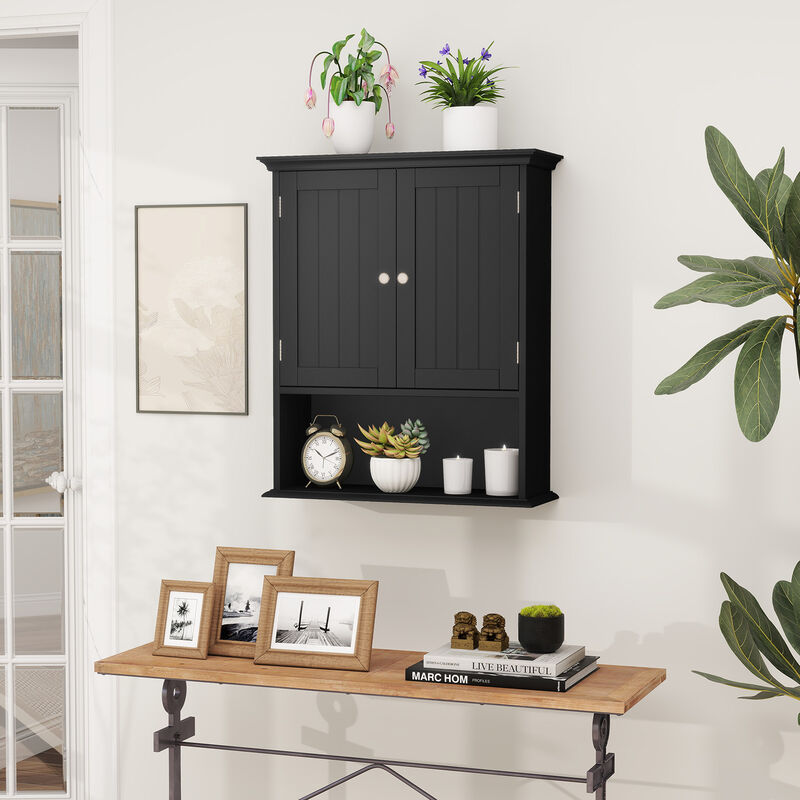 Wall Hanging Bathroom Cabinet with Enclosed Storage and Open Shelves