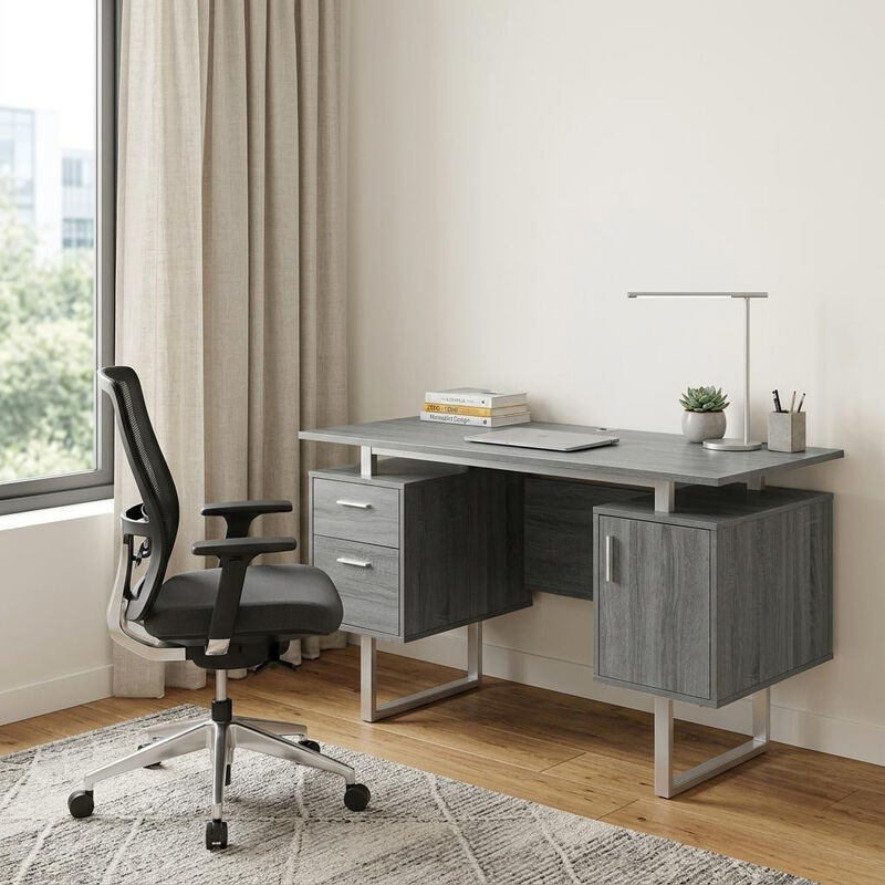 HomeRoots 51" Gray and Silver Wood and Steel Pedestal Executive Desk With Two Drawers image number 1