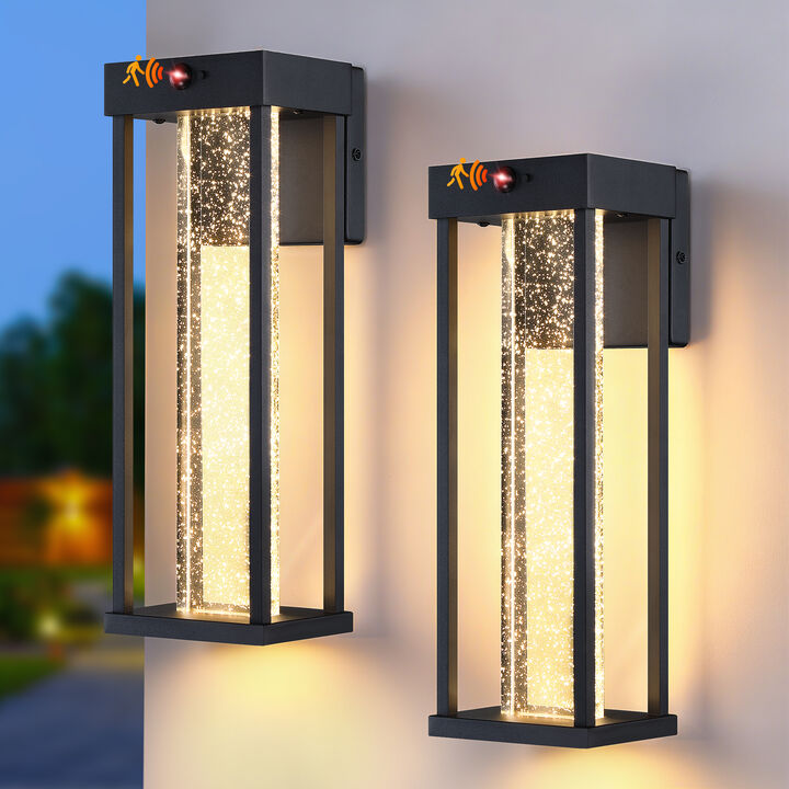 2-Pack Modern Sand Black LED Motion Sensor Outdoor Wall Lights with Bubble Crystal Glass