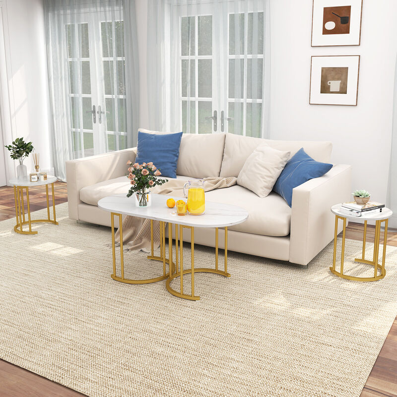 Nesting Coffee Table Set of 3 with Faux Marble Tabletop and Powder-coated Gold Metal Frame image number 2
