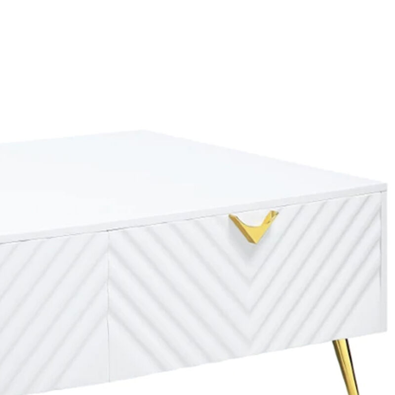 Tyra 53 Inch Modern Coffee Table, 2 Drawers, Metal Handles, White, Gold - Benzara