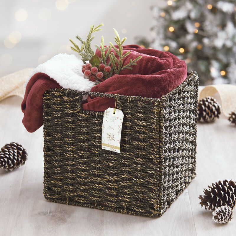 mDesign Seagrass Woven Cube Bin Basket Organizer, Handles, 4 Pack, Black Wash image number 9