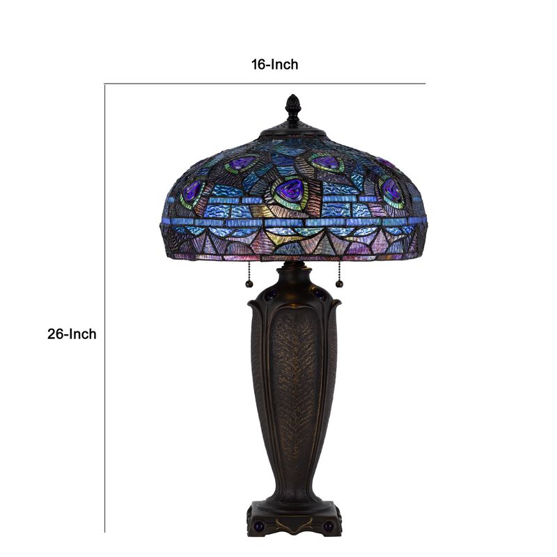 Table Lamp with Pull Chain, Blue Tiffany Stained Glass, 26 Inch Dark Bronze image number 7