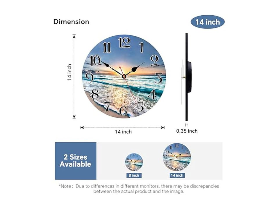 Ocean Wave Pattern Wooden Wall Clock 14 Inch Silent Non Ticking Easy Read Wood