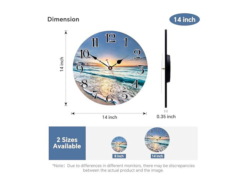 Ocean Wave Pattern Wooden Wall Clock 14 Inch Silent Non Ticking Easy Read Wood image number 1
