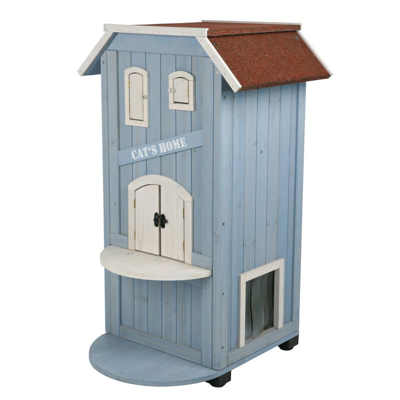 TRIXIE natura 3-Story Weatherproof Small Outdoor Cat House with 2 Entrances, Blue image number 0