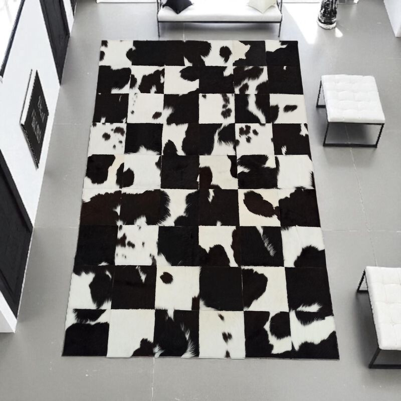 Black White Cowhide Patchwork Rug image number 4