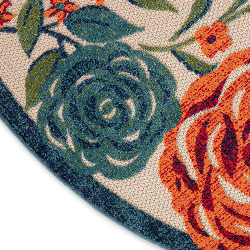 HomeRoots 5' Ivory Orange Blue And Green Round Floral Indoor Outdoor Area Rug image number 5