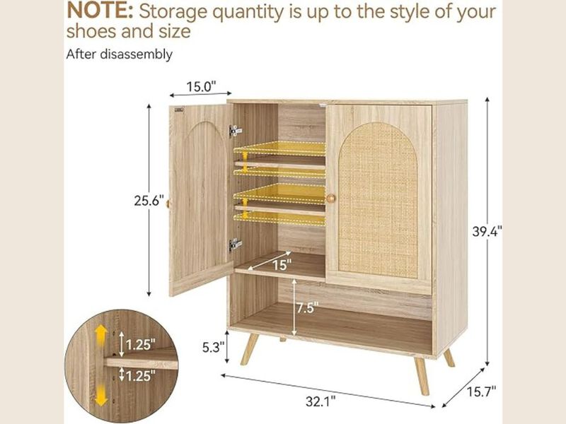 Entryway Wood Shoe Storage Cabinet Adjustable Shelves Oak Rattan image number 2
