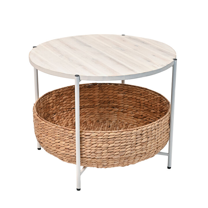 Carly 24.21" Modern Coastal Round Acacia Wood/Water Hyacinth Coffee Table with Storage Basket