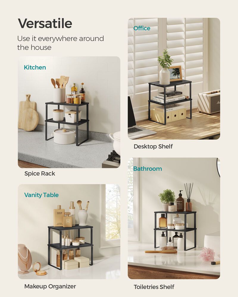 Set of 4 Stackable Cabinet Shelf Organizers - Metal and Particleboard Kitchen Counter Shelves, Expandable