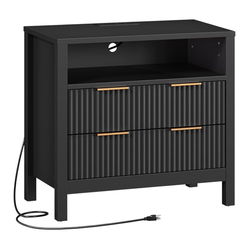 Modern Wooden Nightstand with LED Lights, Charging Station and Storage Space image number 0