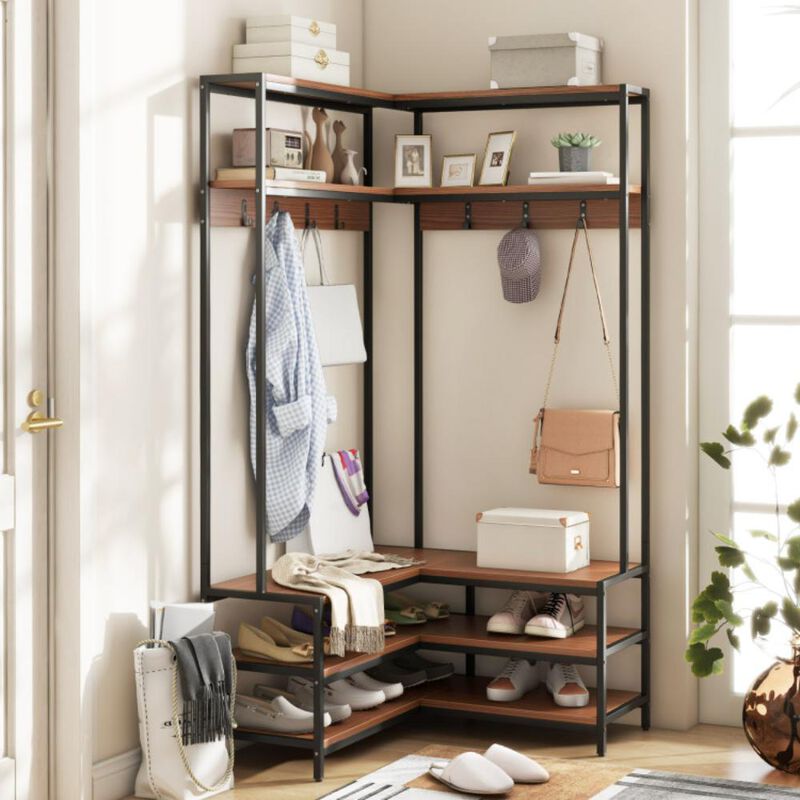 Hivvago Corner Garment Rack with Open Shelves and 7 Hooks Shoe Bench