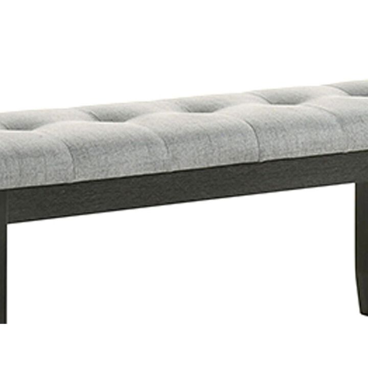 Woodlands 48 Inch Bench, Classic Wood Frame, Soft Gray Finished Fabric - Benzara
