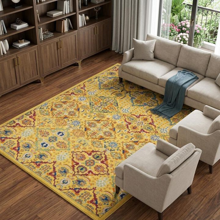 HomeRoots 9' X 12' Yellow Floral Power Loom Area Rug