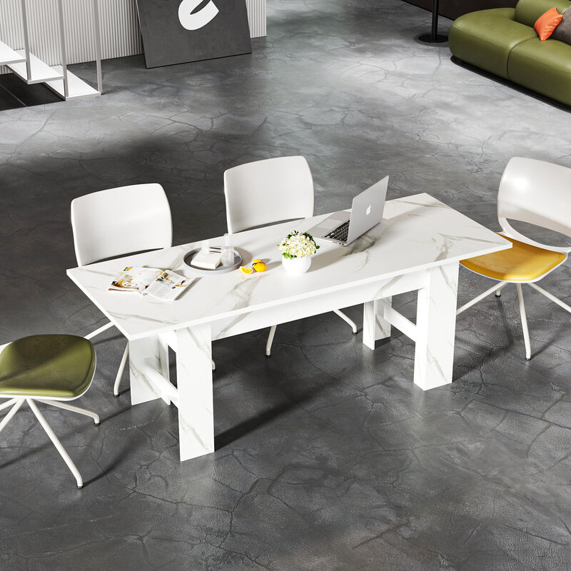 FUFU&GAGA Modern Marble-Top Textured Finish Desk, Sturdy Base and Smooth Surface (94.5 in. W x 35.4 in. D x 35.4 in. H), White