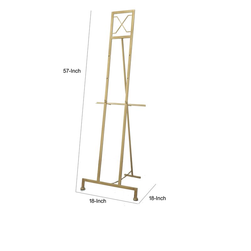 57 Inch Easel Stand, Gold Iron Frame, Free Standing for an Artists Touch - Benzara