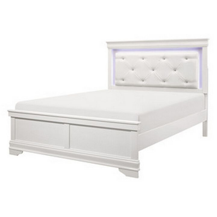 Teich Queen Bed, LED, Crystal Tufted Faux Leather Upholstery, White Wood - Benzara