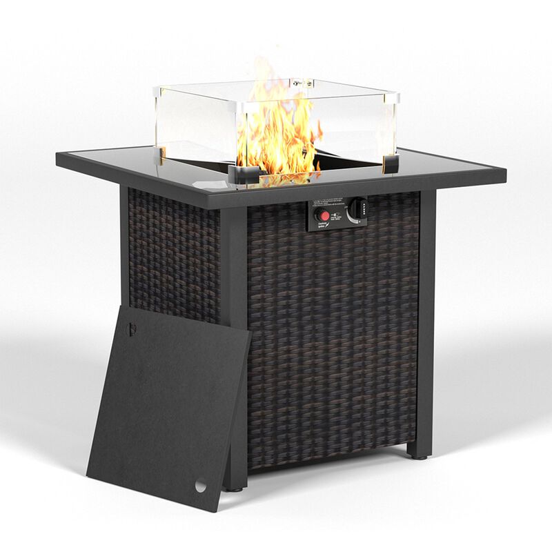 Mondawe 28 Inch Propane Fire Pit Table, Rattan & Wicker-Look, 50000 BTU Gas Firepits Tempered Glass Tabletop with Glass Windscreen Protector for Outside Patio and Garden