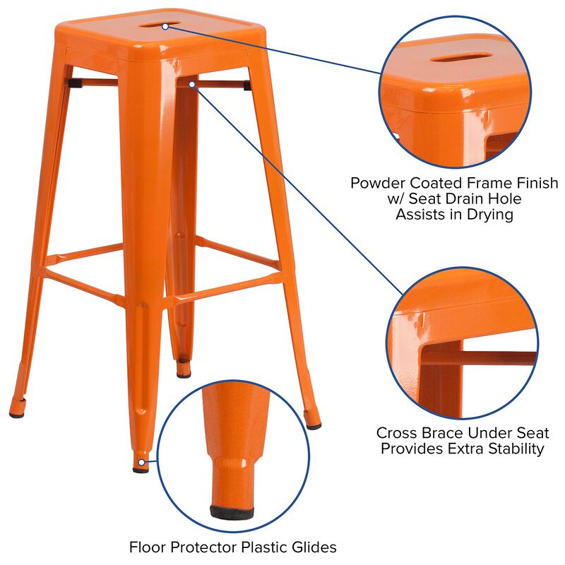 Flash Furniture Commercial Grade 30" High Backless Orange Metal Indoor-Outdoor BarStool with Square Seat