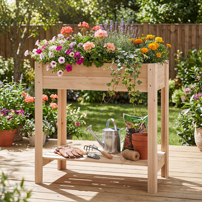 Wooden Elevated Garden Bed with Legs and Convenient Storage Shelf-Natural image number 1