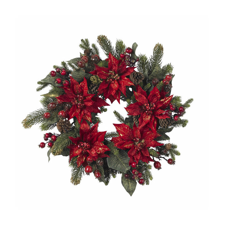 Nearly Natural 24-in Poinsettia & Berry Wreath