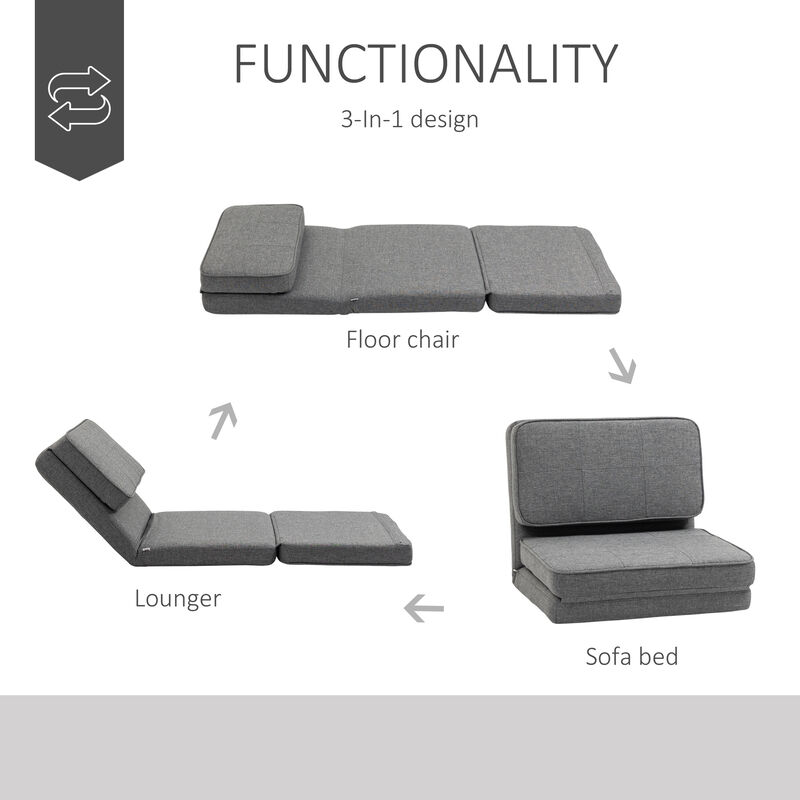 HOMCOM Convertible Flip Chair, Folding Upholstered Floor Sofa, Adjustable Guest Chaise Lounge, Dorm Bed with Metal Frame for Living Room and Bedroom, Dark Grey