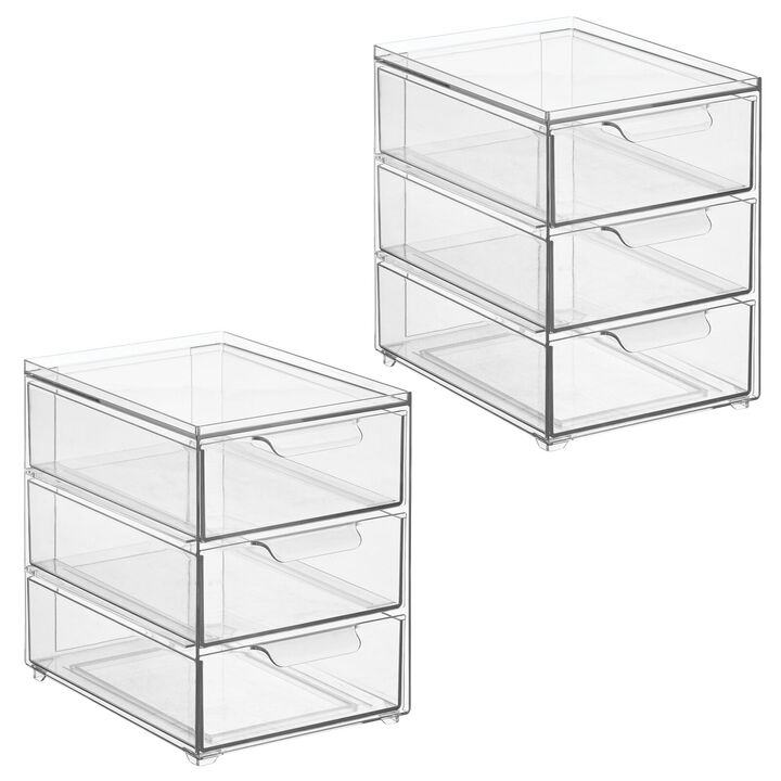 mDesign Plastic Stackable 3-Drawer Kitchen Storage Organizer - 2 Pack - Clear