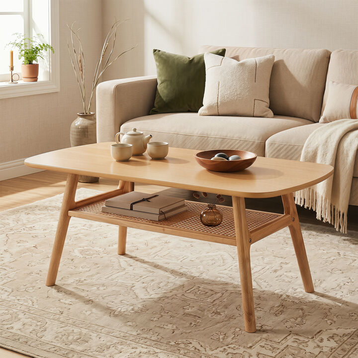 2-Tier Coffee Table with Rattan Shelf and Rounded Edge Design