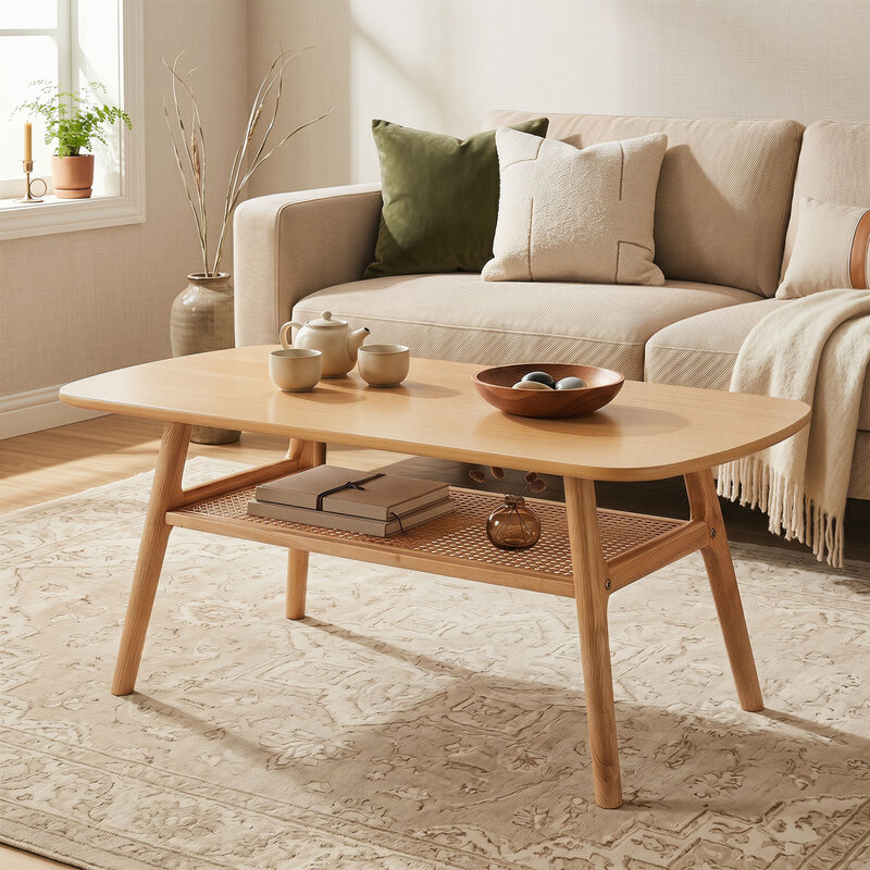2-Tier Coffee Table with Rattan Shelf and Rounded Edge Design image number 1